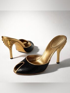 Gucci Rare Tom Ford Runway snakeskin slides, reptilian heel, blk & gold, 7